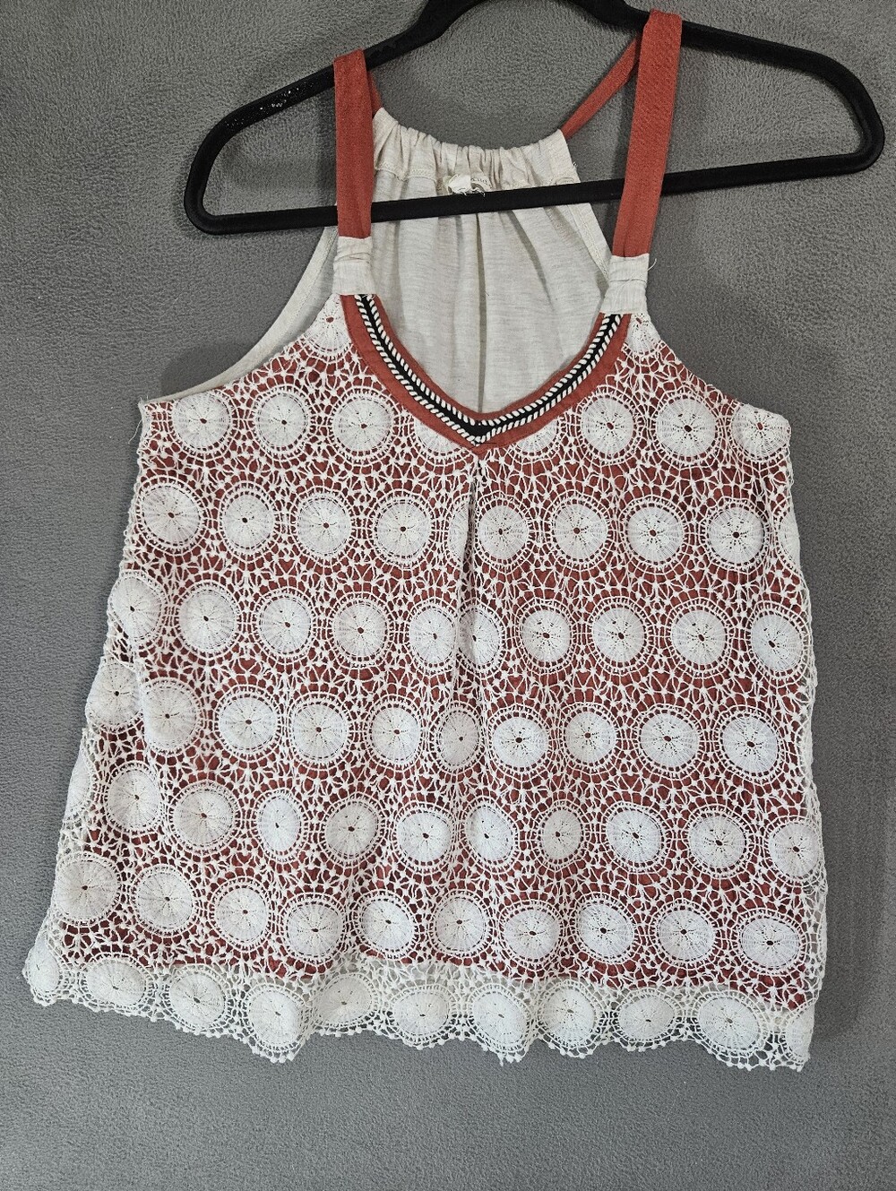 Rewind Womens Large Tank Top Shirt Boho Orange Cream Crochet Floral Razorback